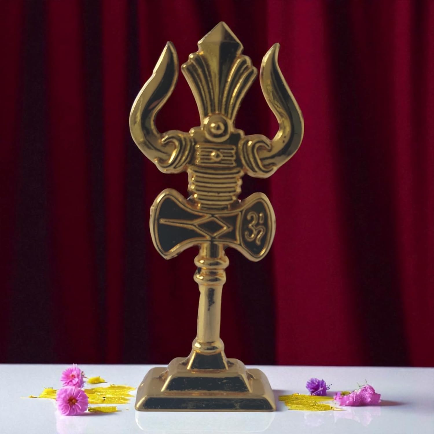 Trishul with Damru Idol | Gold Finish Trishool Murti | Small Shiva Idol Spiritual Showpiece